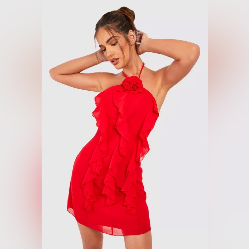 Red halter neck rosette ruffle dress